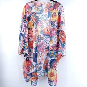 Japaneese Floral Botanical Boho Sheer Open Front Cardigan Kimono Cover Up| L